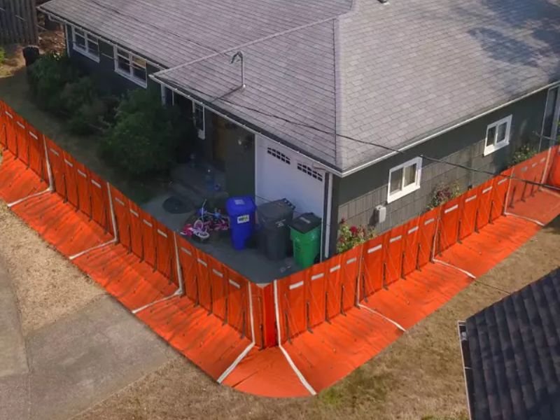 Stacked WavePlus L-Shape Barriers ready for rapid flood deployment