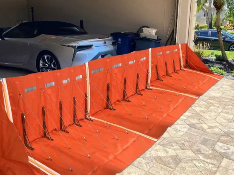 Close-up of interlocking WavePlus L-Shape Flood Barrier units in a garage