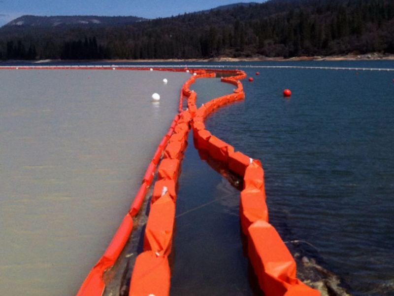 WavePlus silt curtains floating barrier deployed for coastal sediment control in marine construction