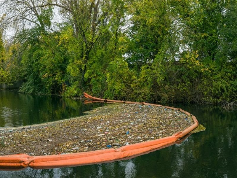 Close-up view of eco-friendly WavePlus Trash Boom mesh material
