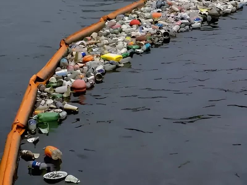 WavePlus Trash Boom floating barrier preventing marine debris in river